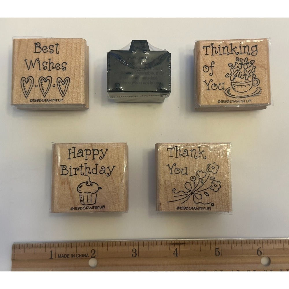 Vintage 1998 Stampin Up Wood Rubber Stamps Lot 4 Uninked + Sealed Real Red Pad